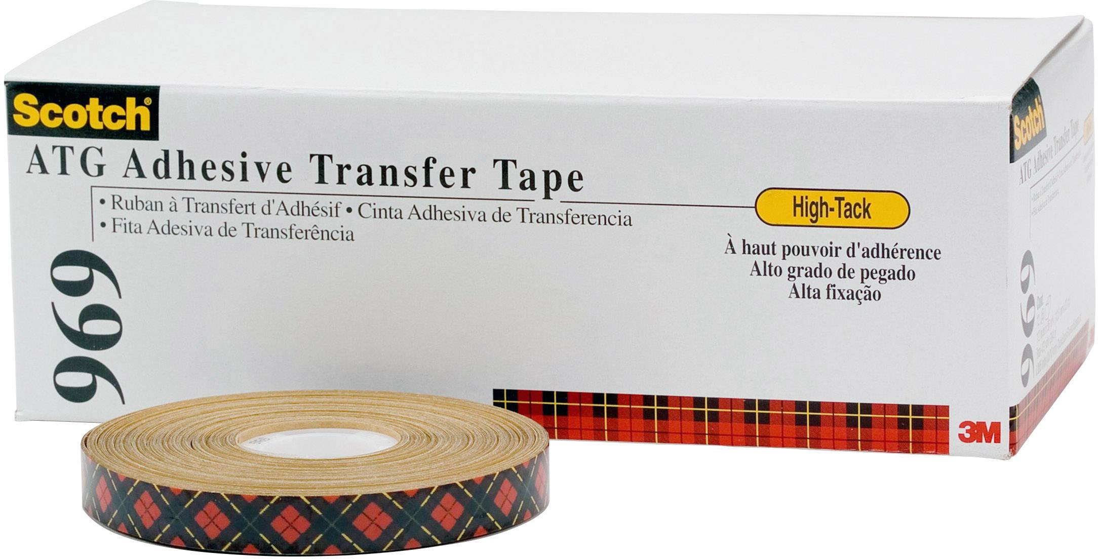 Eine Rolle 3M Scotch ATG Klebeband mit hoher Klebkraft und Verpackung. Das Band hat ein typisches Schottenmuster.