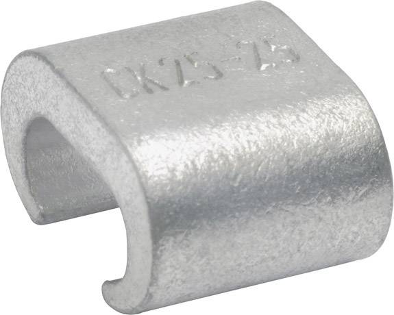 Silberne Metallklemme in U-Form mit der Prägung 'DK25-25'. Sie ist für die Verbindung elektrischer Leitungen vorgesehen.