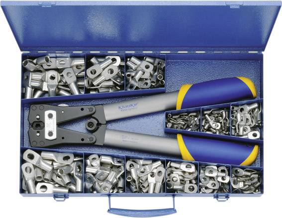 Blaue Metallkiste mit einer Crimpzange und mehreren Fächern voller Metallklemmen und -verbinder.