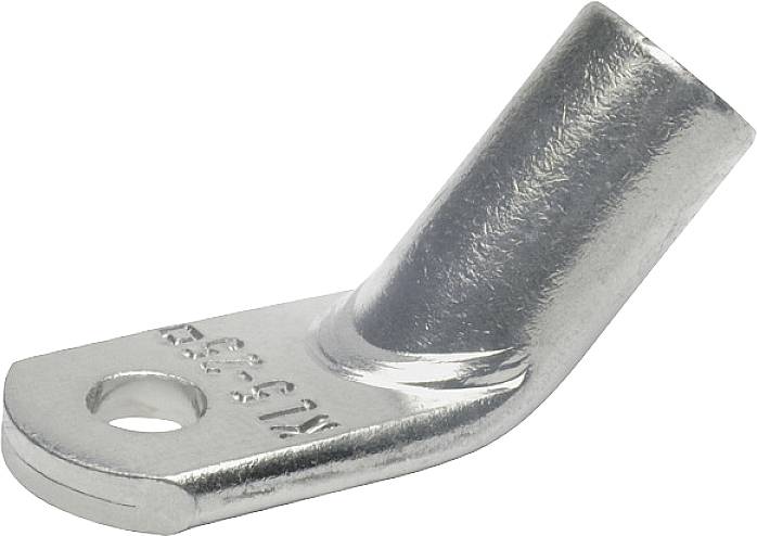 Ein metallener Kabelschuh mit einer gewinkelten Öffnung und Befestigungsloch, geeignet zur sicheren Verbindung von Kabeln an Anschlussstellen.