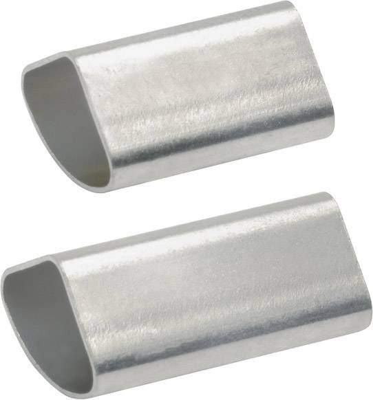 Zwei silberne Metallklemmen, nebeneinander liegend. Sie sind zylindrisch und haben eine offene Seite, um Kabel zu verbinden.