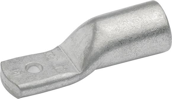 Ein silberfarbener Kabelschuh aus Metall mit einer Öffnung an einem Ende, um ein Kabel zu verbinden, und einem Befestigungsloch.