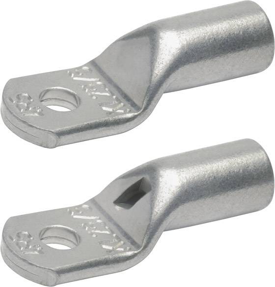 Zwei silberne Kabelschuhe aus Metall, nebeneinander angeordnet. Sie haben jeweils ein Loch für die Befestigung an elektrischen Leitern.