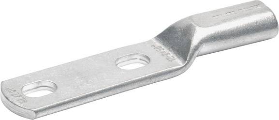 Ein silberner Kabelschuh aus Metall mit zwei Löchern für Schraubenbefestigung. Verwendet zur Verbindung von Leitern in elektrischen Installationen.