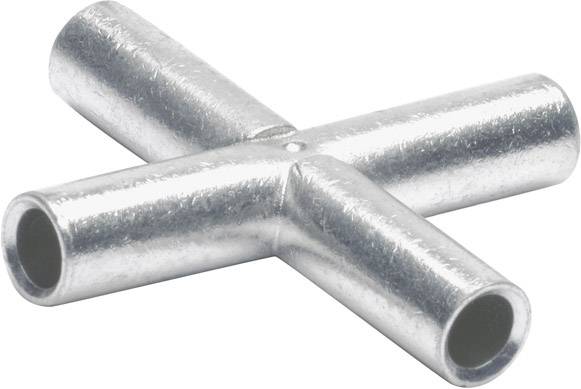 Metallisches X-förmiges Rohrverbindungsstück, das zur Verbindung von vier Rohren genutzt wird. Es hat eine glatte, silberne Oberfläche.