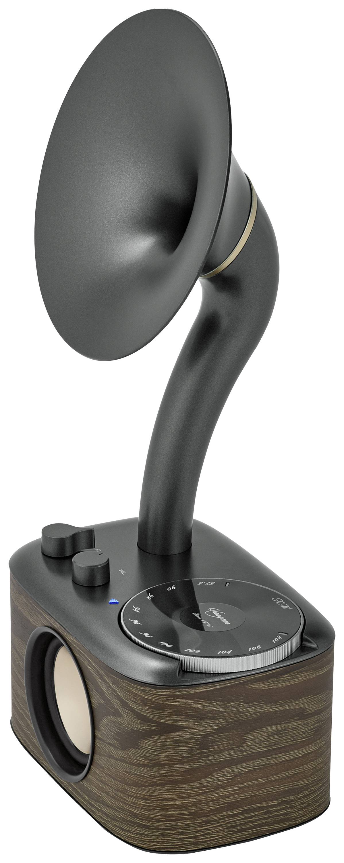 Ein stilvolles, modernes Grammophon mit Holzsockel und geschwungenem Horn, kombiniert Retro-Design mit zeitgenössischer Technik.