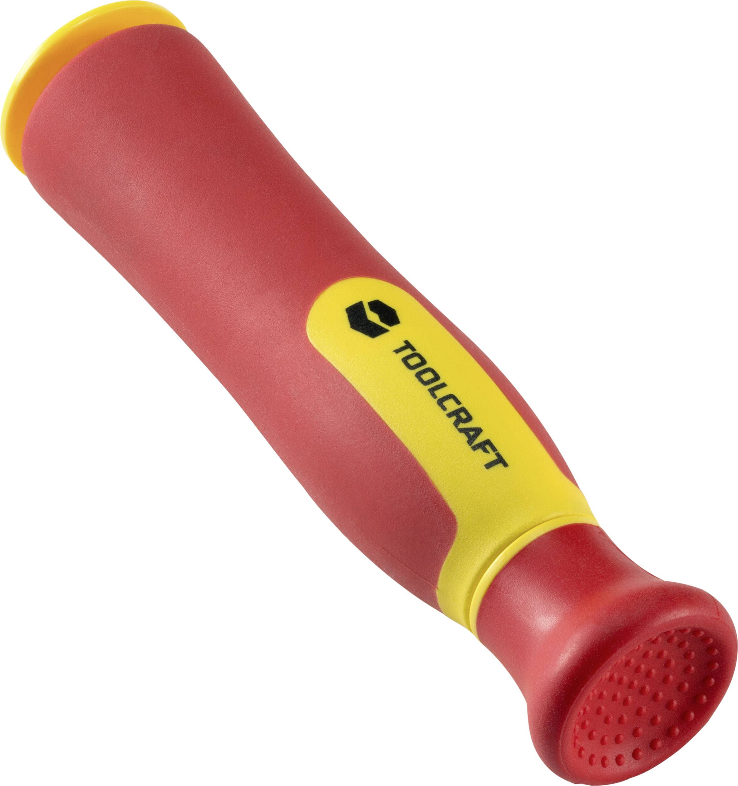 Ein roter Schraubendrehergriff mit gelben Akzenten, Markenname 'Toolcraft' sichtbar. Ergonomisch geformt für besseren Halt.