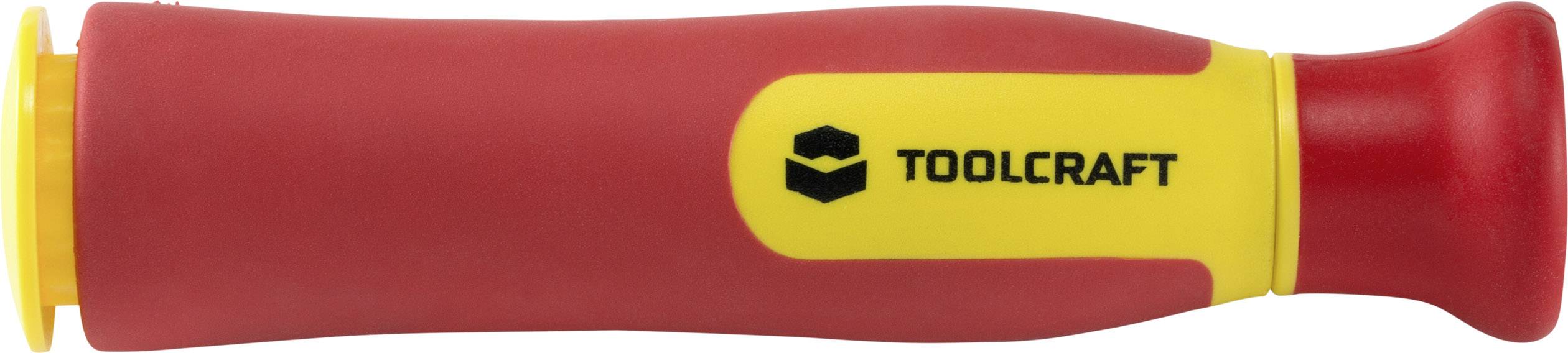 Ein roter und gelber Schraubenziehergriff mit 'TOOLCRAFT' Schriftzug in schwarzer Farbe.