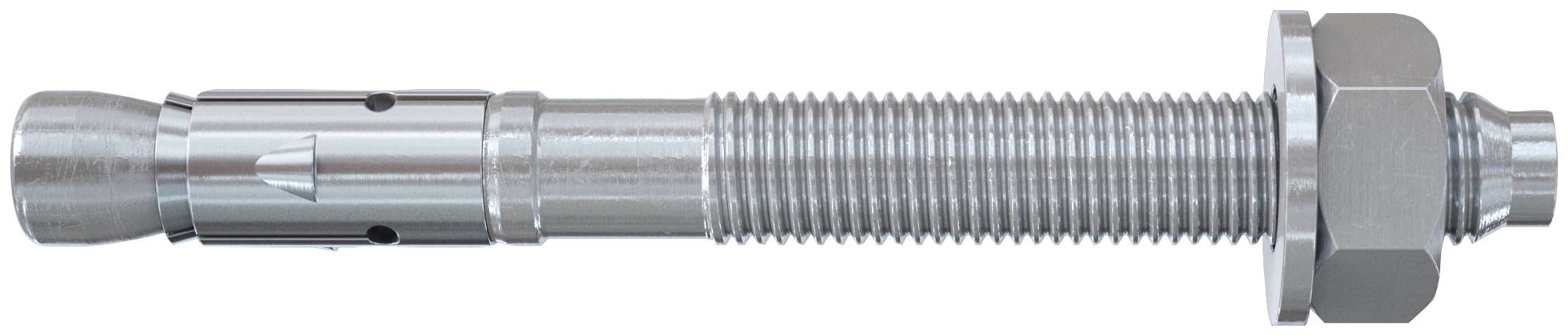 Metallspreizdübelanker mit gewindeförmigem Schaft, geschlitzter Hülse und Sechskantmutter auf weißem Hintergrund.