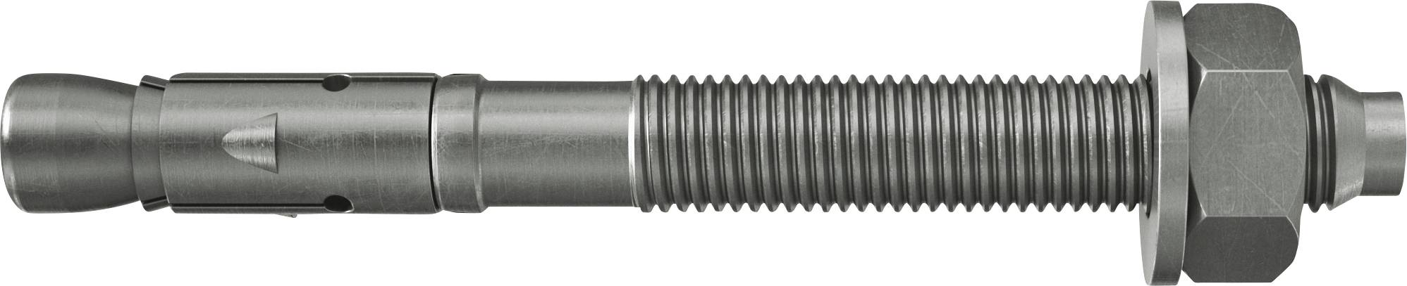 Metallausdübelschraube mit Gewellestift, Hülse, Unterlegscheibe und Sechskantmutter, horizontal auf weißem Hintergrund dargestellt.