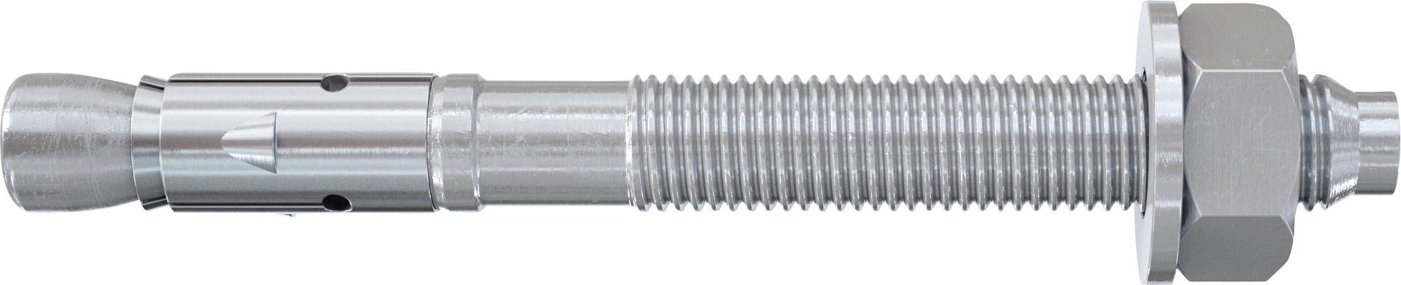 Metallischer Spreizdübel mit Gewindebolzen, Spreizhülse und Sechskantmutter zum Befestigen in Beton oder Mauerwerk.