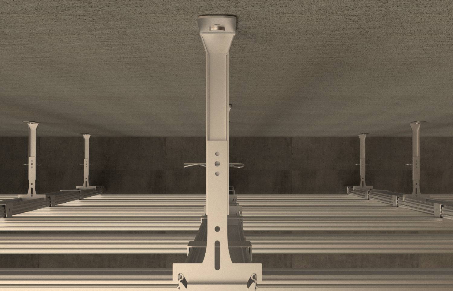 Innenansicht eines Tragwerkssystems: Reihen von Metallträgern und vertikalen Säulen innerhalb eines großen Industrie- oder Gebäuderahmens.