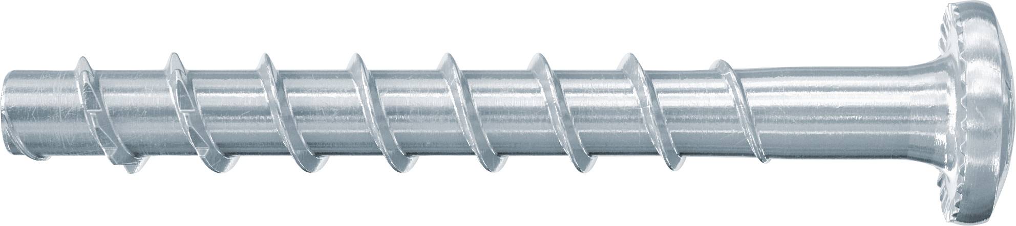 Metallschraube mit breitem rundem Kopf, horizontal auf weißem Hintergrund dargestellt.