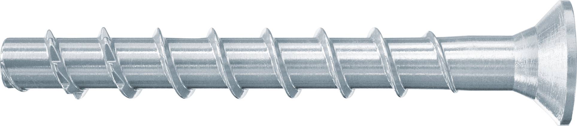 Metallschraube mit gewundenem Gewindeschaft und breitem flachem Kopf, horizontal auf weißem Hintergrund dargestellt.