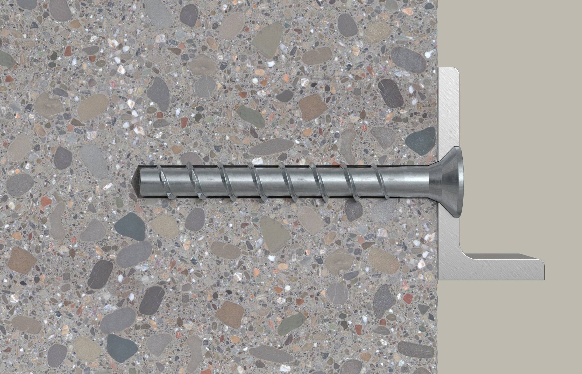 Querschnitt, der einen Betonschraubanker zeigt, der in eine Wand getrieben wird, mit einer angebrachten Metallhalterung, die eine sichere Befestigung in Mauerwerk veranschaulicht.