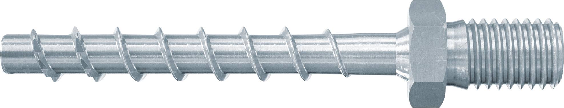 Metallischer Gewindebefestigungsbolzen mit Sechskopf und Spiralnut, horizontal auf weißem Hintergrund dargestellt.