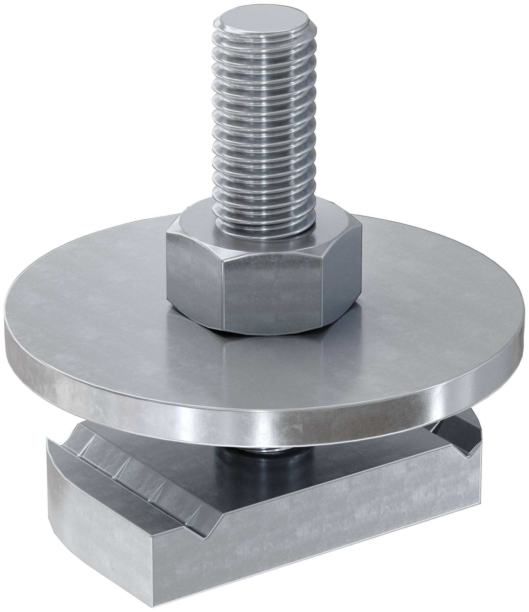 Metallische Druckschelle mit einem Gewinde-Bolzen, der eine runde Platte gegen einen rechteckigen Block drückt.