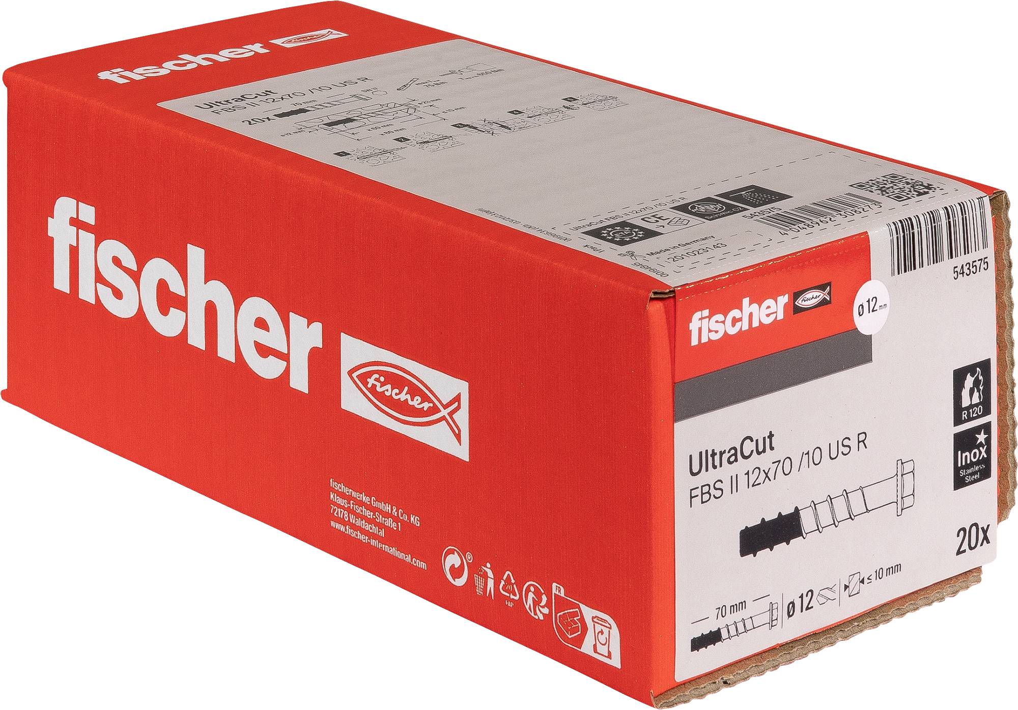 Rotfischer 'UltraCut' Schraubanker-Box, gekennzeichnet mit FBS II 12x70/10 US R, 20er-Pack, auf weißem Hintergrund gezeigt.