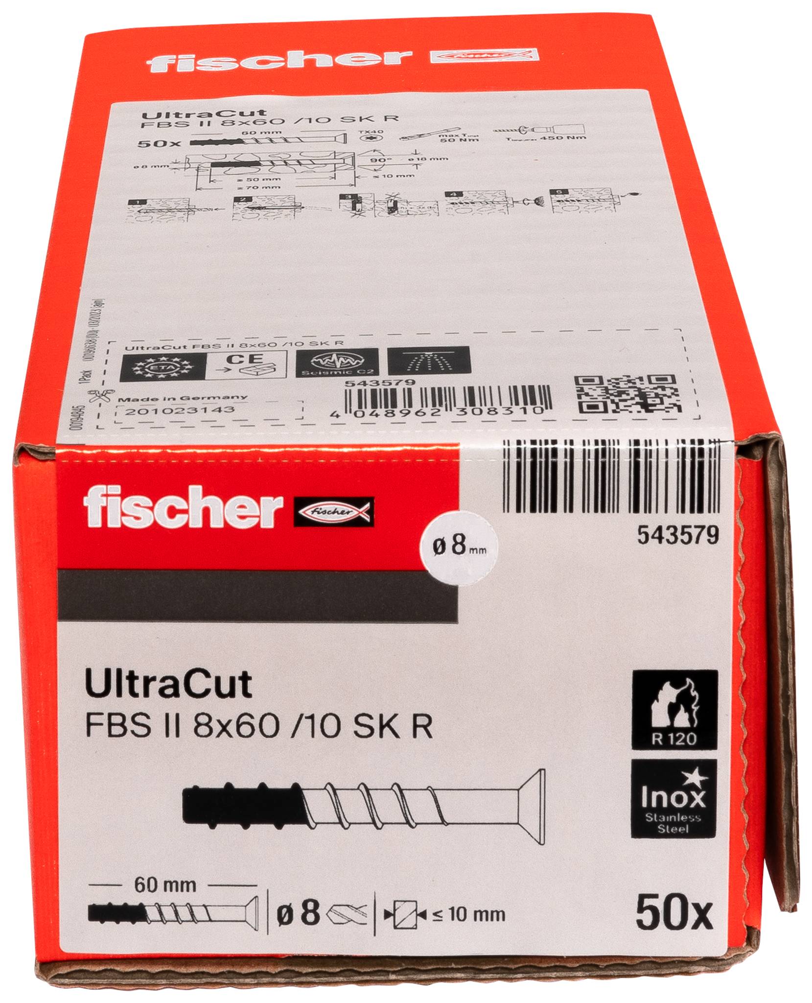 Karton mit Fischer UltraCut FBS II 8x60/10 SK R Edelstahldübeln, 50 Stück, mit Produktdiagramm und Größenangaben.