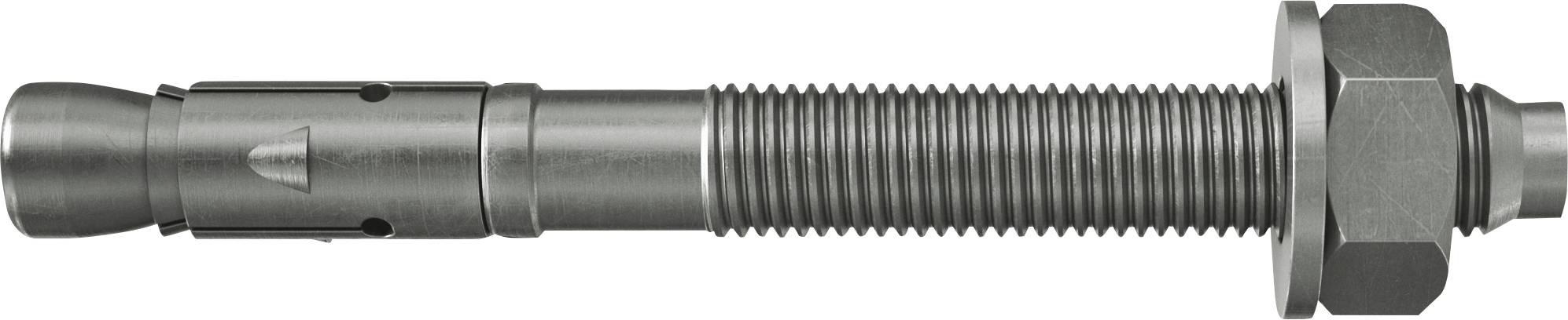 Metalldehnungsanker mit Gewindewelle, Muffe und Sechskantmutter, horizontal auf weißem Hintergrund dargestellt.