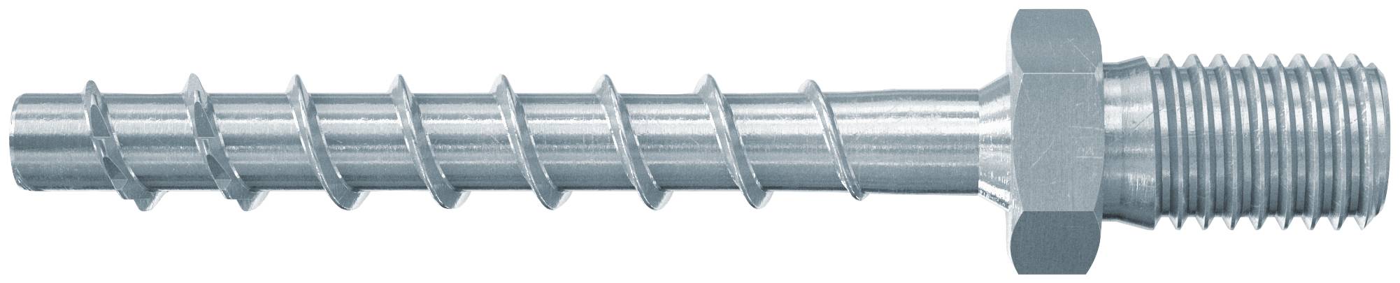 Metallgewindeanker mit groben Helixgewinden und einer Sechskantmutter auf der rechten Seite, isoliert auf weißem Hintergrund dargestellt.