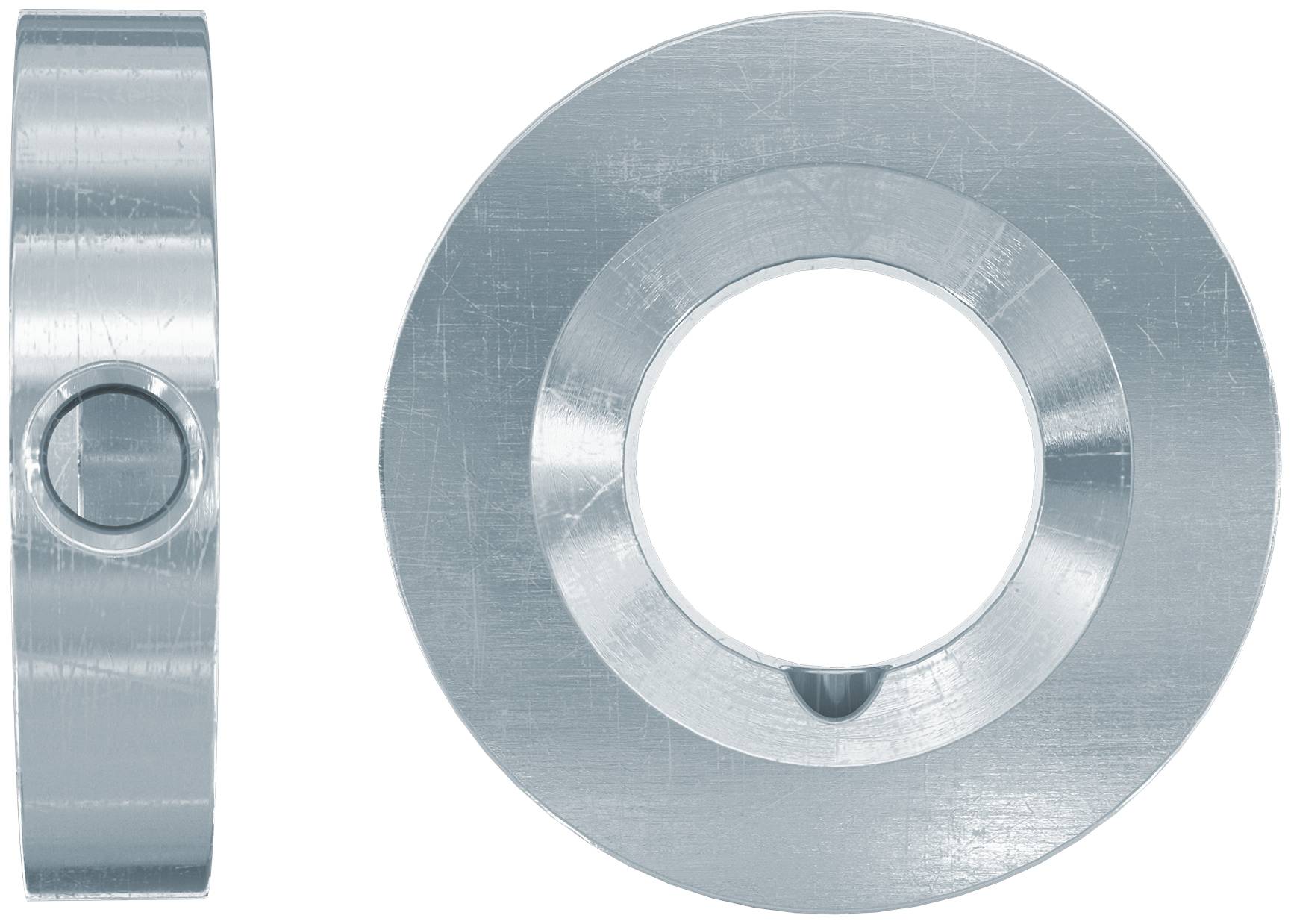 Metallscheibe von der Seite und von vorne dargestellt, mit einem kreisförmigen Mittelloch und einer erhöhten Kerbe an der inneren Kante.