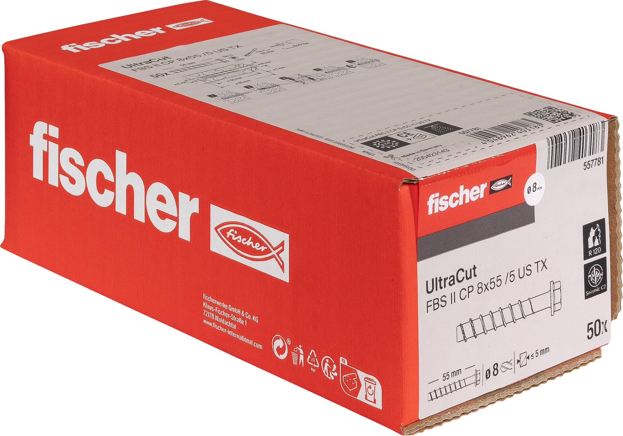 Rote Fischer 'fischer' Box mit Ultracut FBS II Konstruktionsschrauben, beschriftet 8 x 55 mm, 50 Stück.