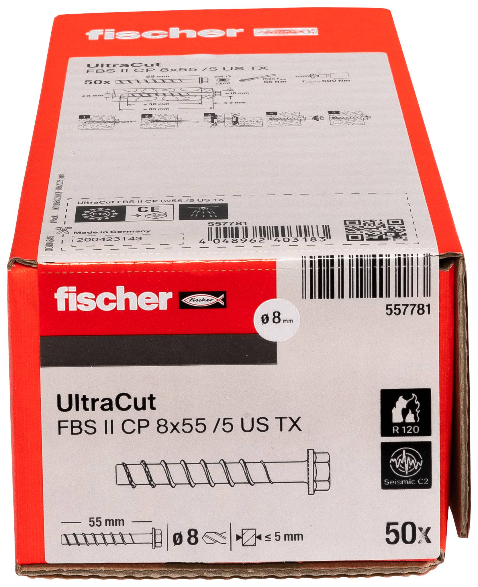 Red Fischer UltraCut Schraubenbox mit Bezeichnung „FBS II CP 8x55/5 US TX", 50er-Pack, mit 8 mm Größe und Produktabbildung auf der Vorderseite.