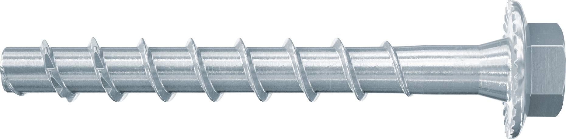 Ein Metalldübelanker mit Sechskantköpfen und Unterlegscheibe, horizontal auf weißem Hintergrund dargestellt.