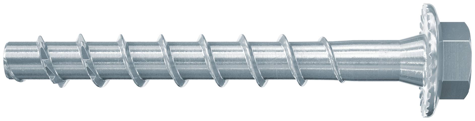 Metallschraube mit breitem Kopf und Gewindeschaft, horizontal auf weißem Hintergrund dargestellt.