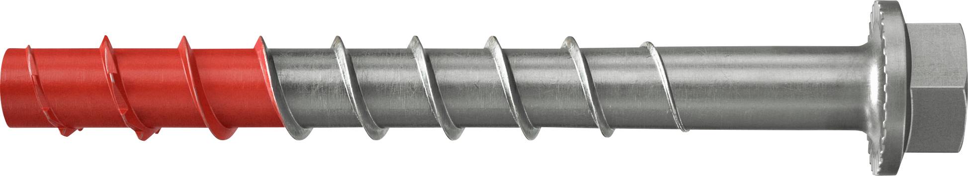 Ein Metallschraubanker mit roten und silbernen spiralförmigen Abschnitten und einem Sechskantkopf, horizontal auf weißem Hintergrund dargestellt.