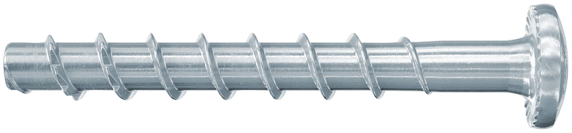 Metallschraube oder Nagel mit langem Gewindelschaft und flachem rundem Kopf, horizontal auf weißem Hintergrund dargestellt.