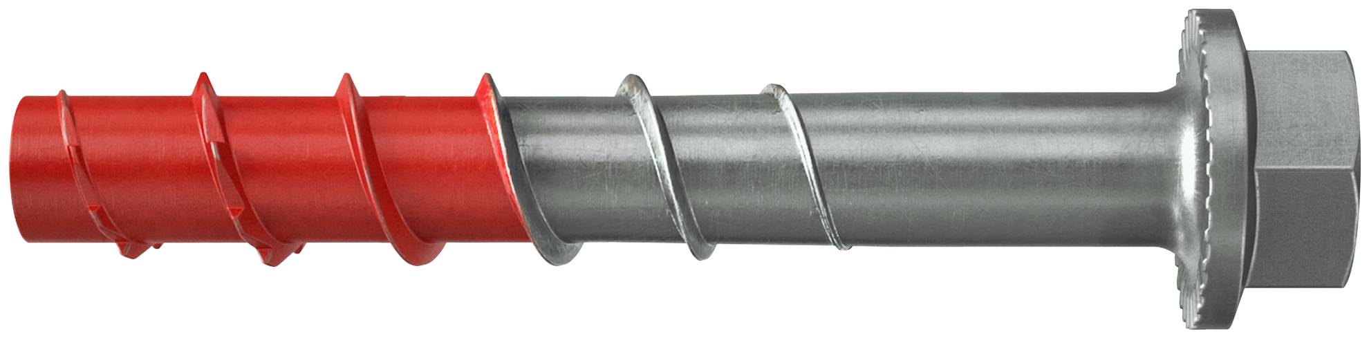 Metallgewindeanker mit rotem Gewindebereich und silbernem Schaft, zum Befestigen in Mauerwerk oder Beton.