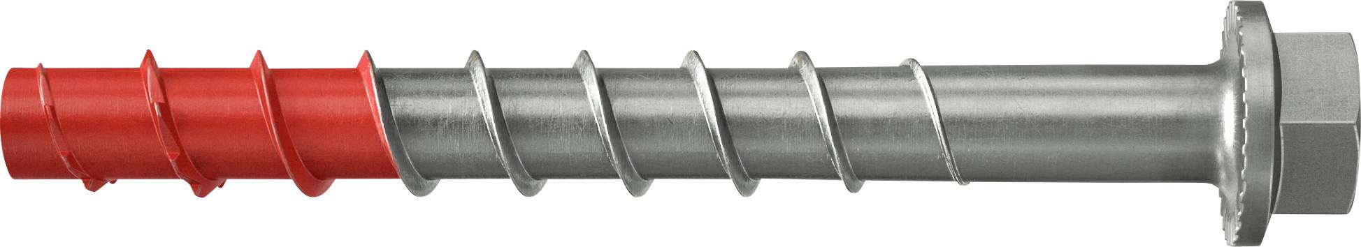 Metallschraube Ankerschraube mit roter Gewindespitze, silberner Welle und Sechskantmutter auf der rechten Seite, horizontal auf weißem Hintergrund dargestellt.