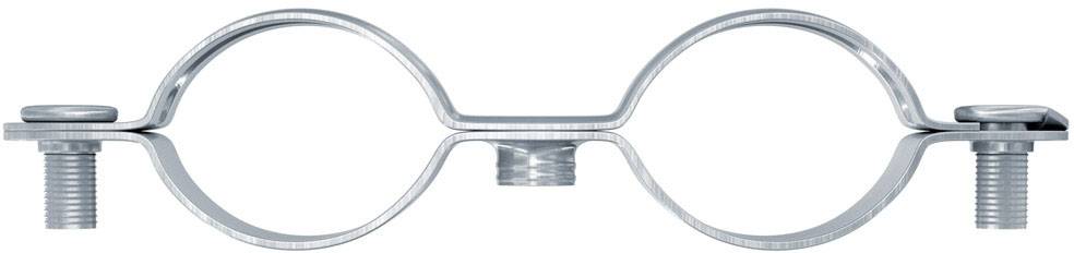 Eine silberne Rohrschelle mit zwei Schrauben, die zwei Röhren halten. Geeignet für die Befestigung von Rohren an der Wand.