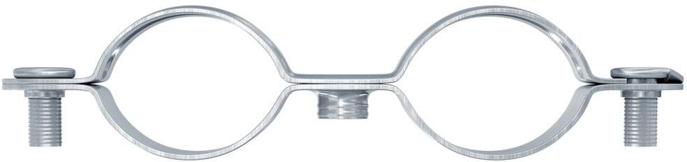 Zweifachrohrschelle aus Metall mit zwei Schrauben, verwendet zur Befestigung von Rohrleitungen.
