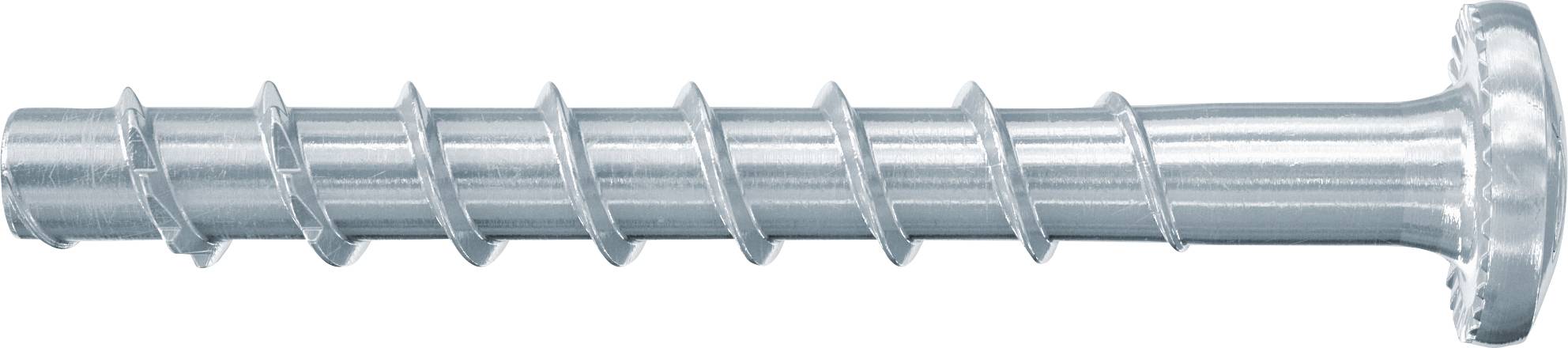 Nahaufnahme einer silbernen Metallschraube mit großem flachem Kopf, horizontal auf weißem Hintergrund dargestellt.