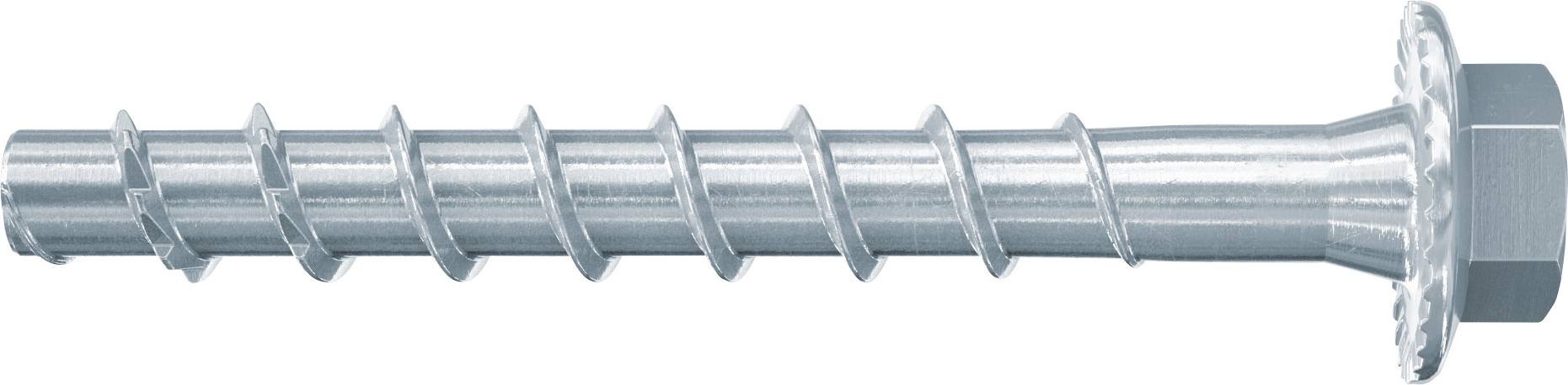 Metallschraube mit Sechskantkopf und Unterlegscheibe, dargestellt in Seitenansicht auf weißem Hintergrund.