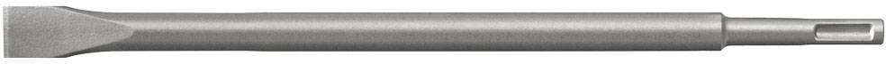 Ein grauer Metallmeißel mit flacher Spitze, geeignet für Bau- oder Steinmetzarbeiten.