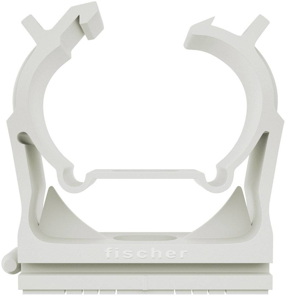 Kabelschelle von Fischer, weiß, mit Öffnungsmechanismus für die Befestigung von Kabeln an Wänden oder Decken.
