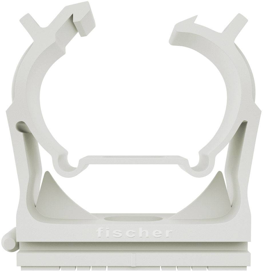 Kabelschelle aus Kunststoff für die Befestigung von Kabeln, mit einem Scharniermechanismus und der Aufschrift 'fischer'.