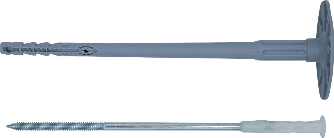 Zwei Wanddübel: ein blauer Kunststoff-Spreizdübel und eine passende lange Schraube mit einem grauen griffartigen Kopf, nebeneinander dargestellt.