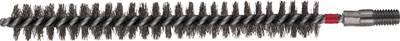 Drahtbürste für die Reinigung von Rohren oder Gewehrläufen, mit schwarzen Borsten und rotem Akzent, gezeigte Seitenansicht.