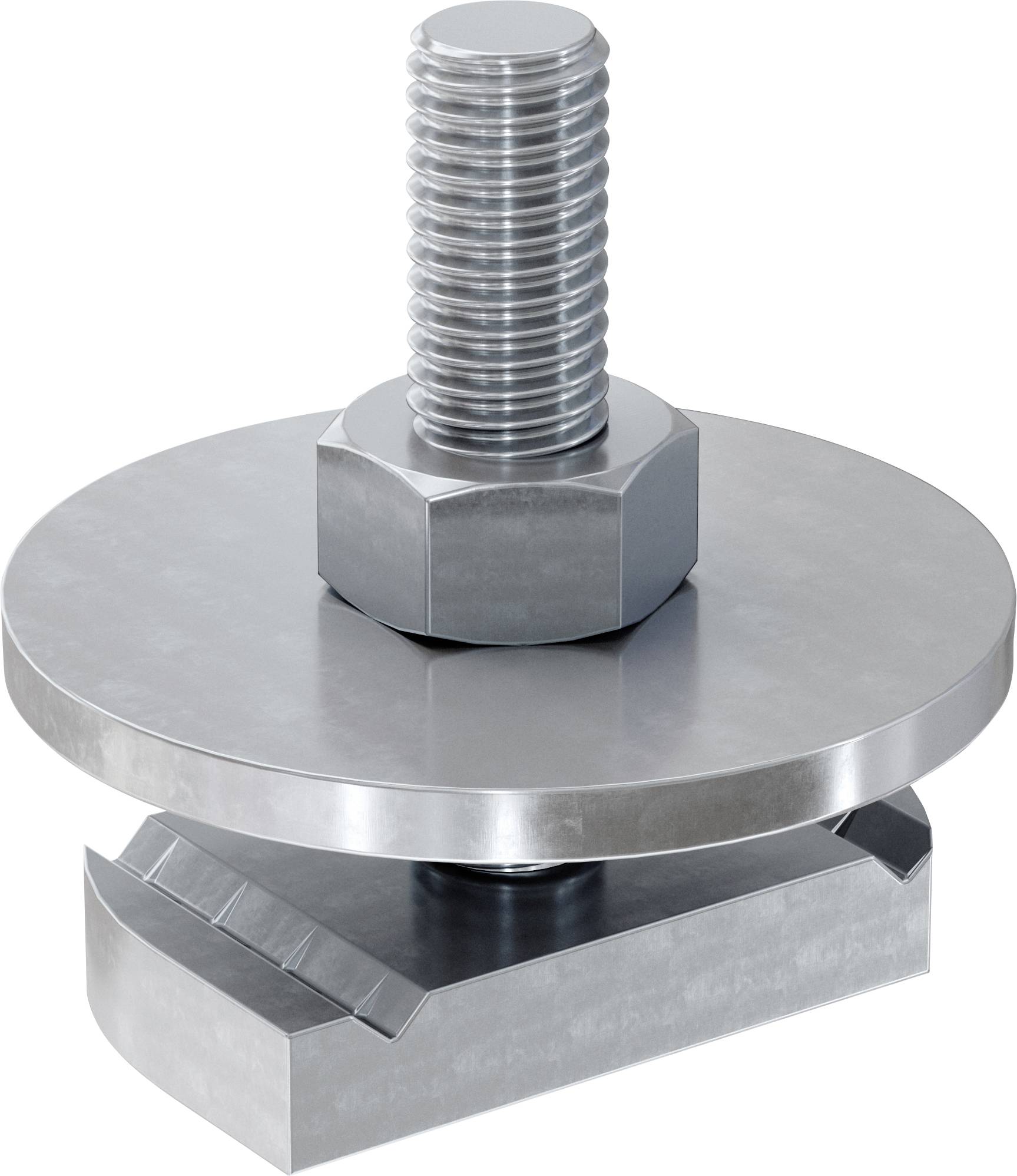 Metallische Druckprüfvorrichtung mit Gewindeschraube und Mutter, die eine kreisförmige Platte auf einem Blockunterbau presst.