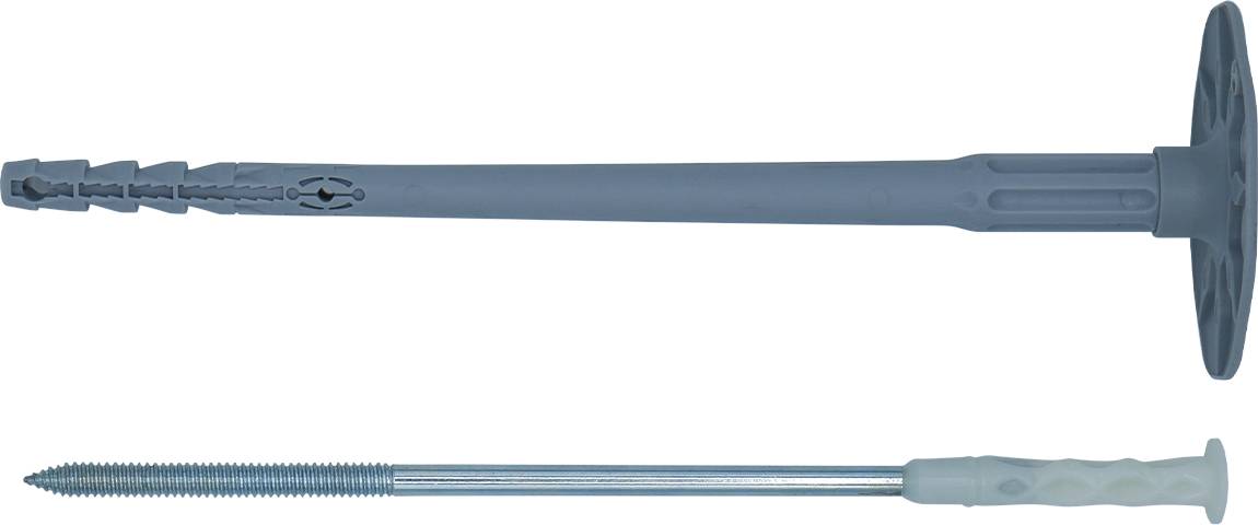 Zwei Baubefestigungen: ein langer blauer Kunststoff-Wanddübel und eine Metallschraube mit weißem Griff.