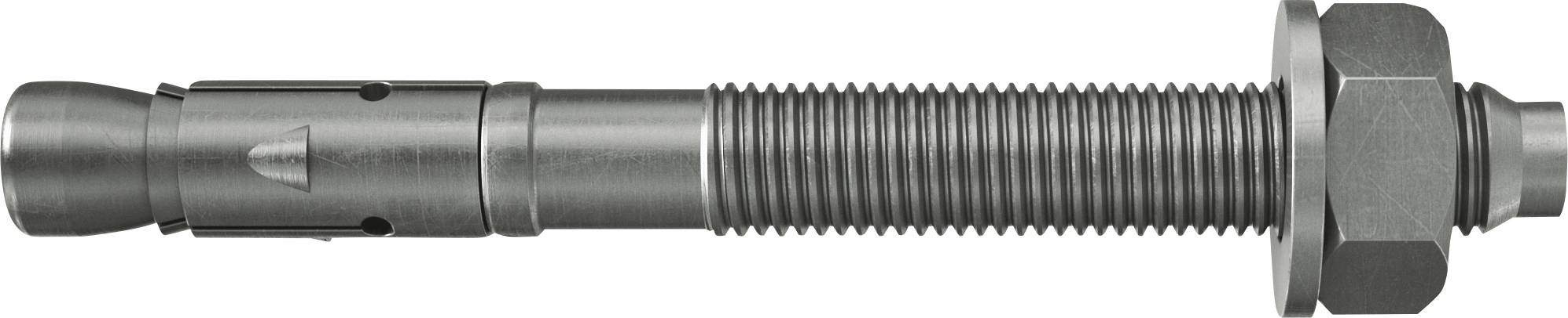 Metall-Spreizdübel mit Gewindschaft, Kegels pitze und Sechskantmutter auf weißem Hintergrund.