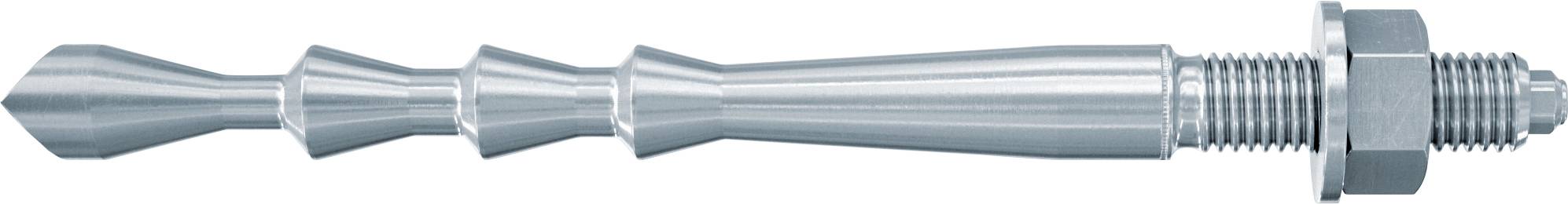 Metallschraube mit Gewinde und sechskantiger Mutter auf der rechten Seite, horizontal auf weißem Hintergrund dargestellt.