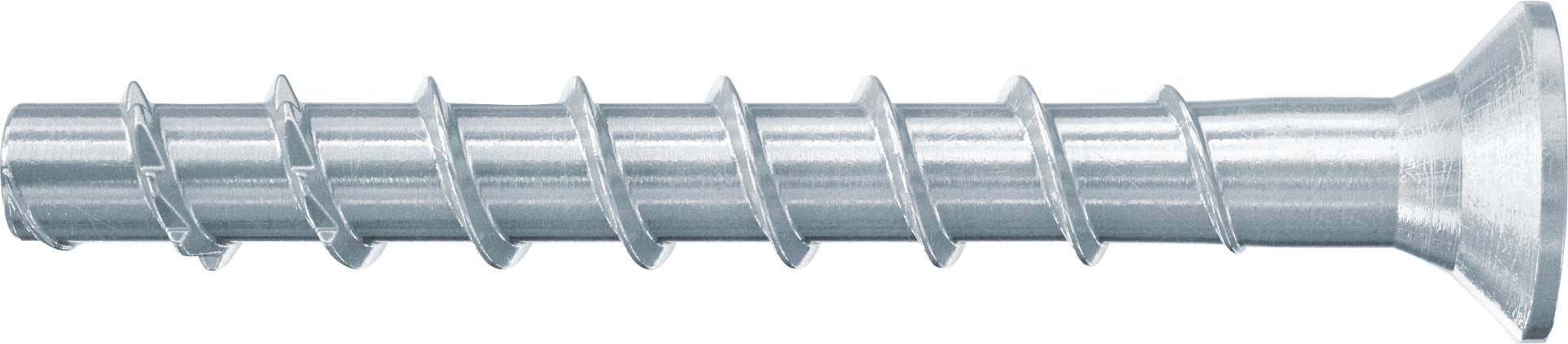Metallschraube mit großem flachen Kopf und Spiralgewinde, horizontal auf weißem Hintergrund gezeigt.