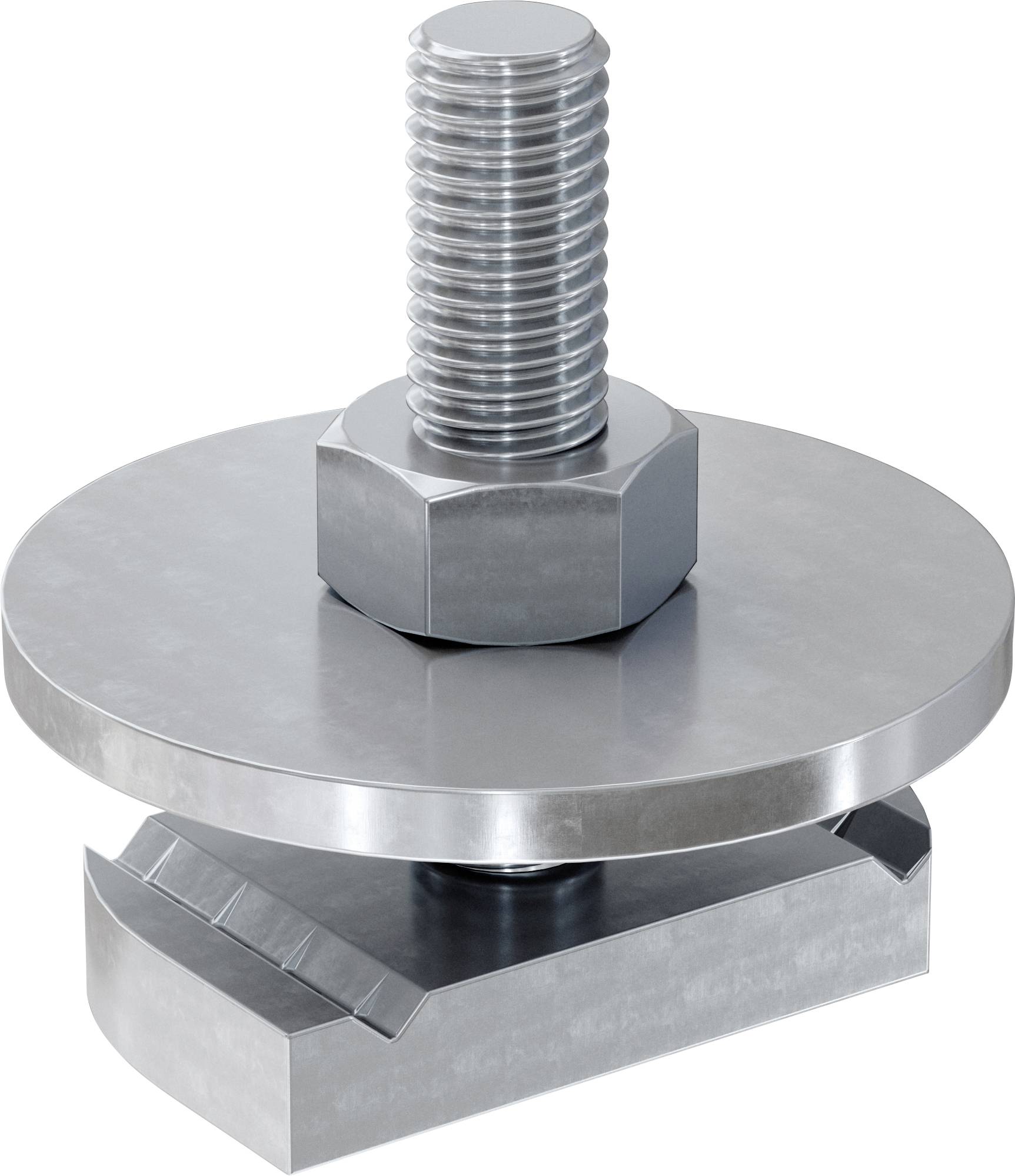 Metallisches Gewindeloch komprimiert eine kreisförmige Platte gegen eine rechteckige Basis und zeigt einen Klemm- oder Pressmechanismus.