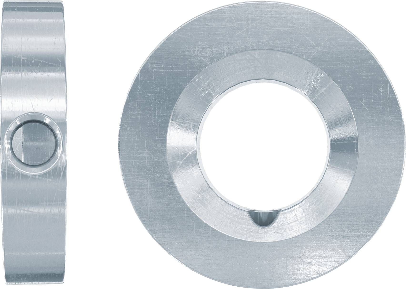 Zwei Ansichten einer Metallscheibe oder Abstandsring, von der Seite und von vorne auf weißem Hintergrund gezeigt.